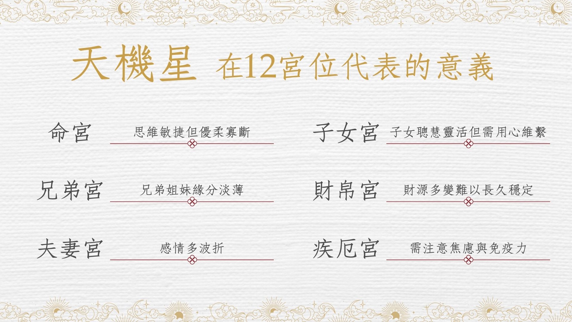 天機星在命宮/兄弟宮/夫妻宮/子女宮/財帛宮/疾厄宮